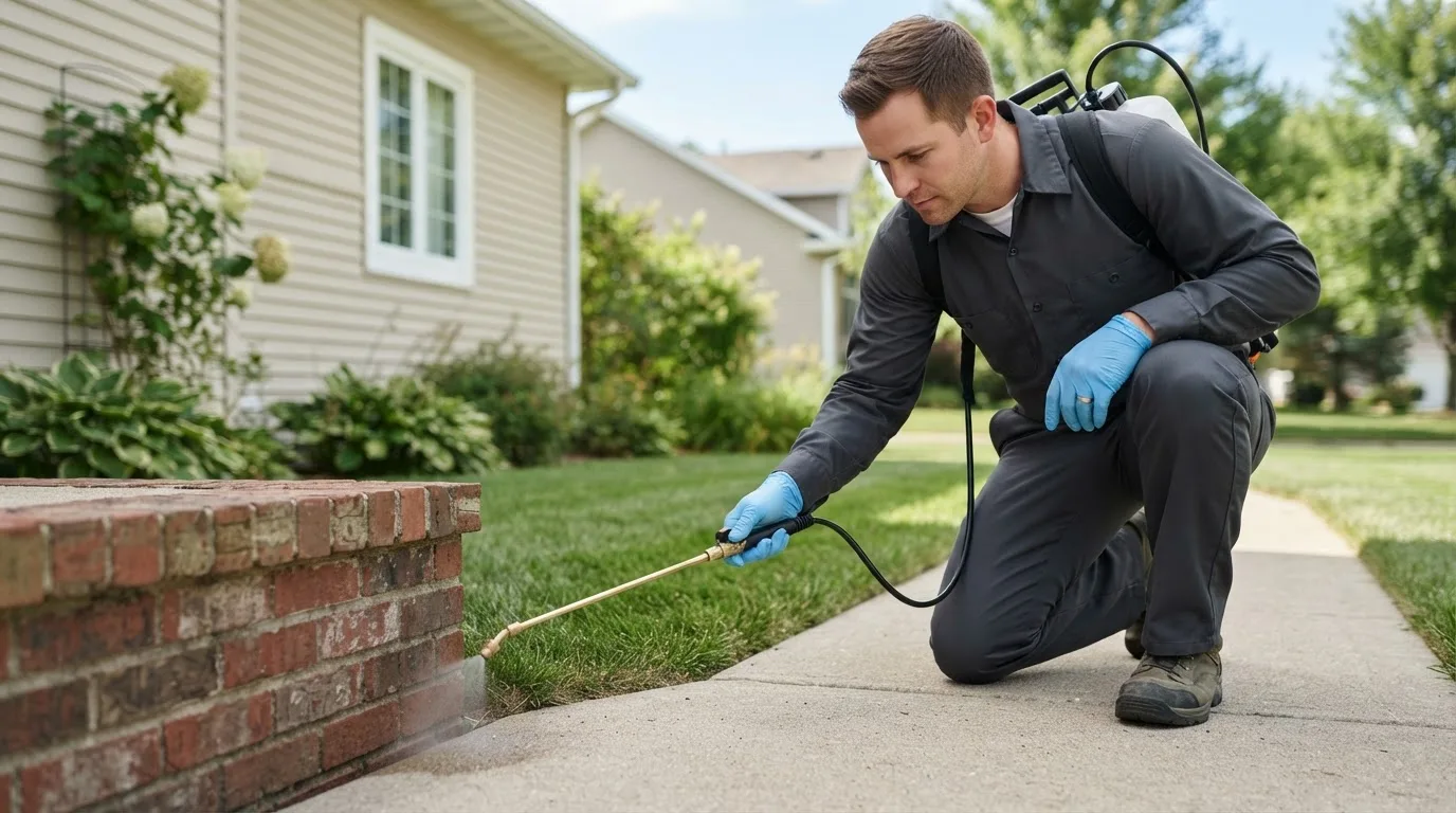 Pest control technician treating a home near Eaton, IN