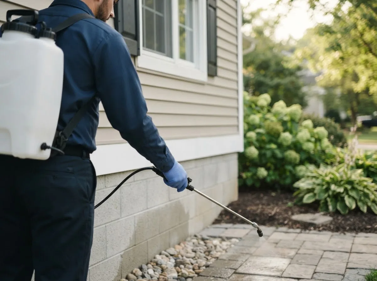Pest control technician inspecting a home in Eaton, IN